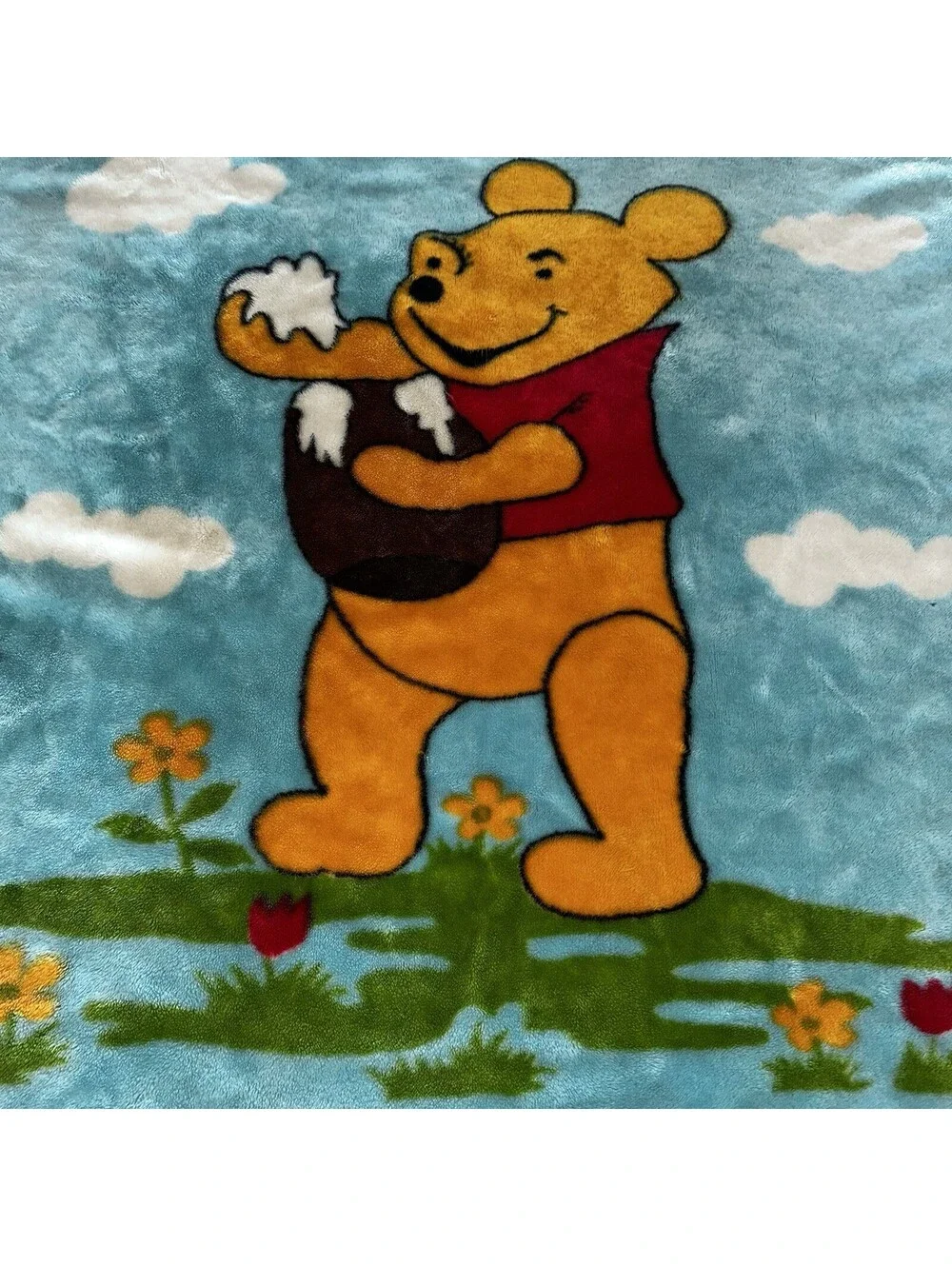 Vintage Winnie the Pooh Honey Pot Light Blue Plush Fleece Blanket Funky Eye VGC
